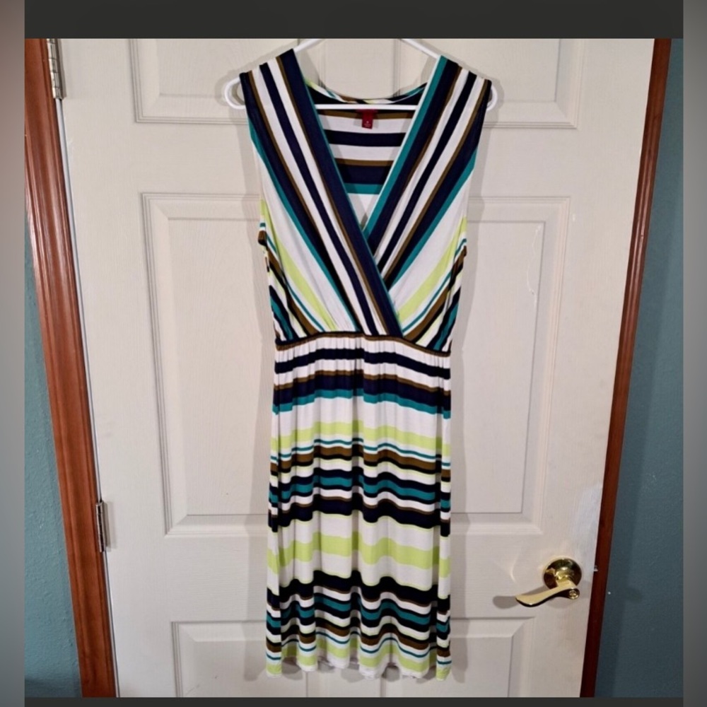 Merona Womens Dress Size Small White Green Brown Blue Striped Sleeveless V-Neck